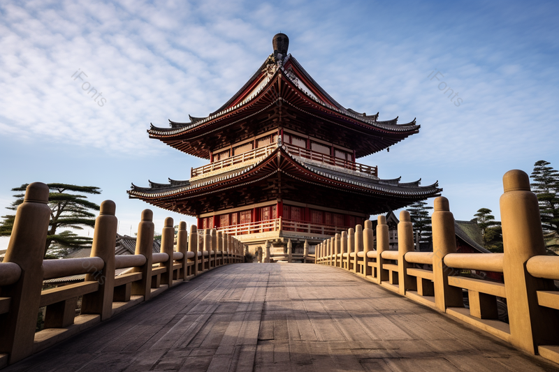 木桥的另一端是具有中国传统建筑风格的建筑群落旅游景点,高清,摄影图,摄影图片,图片大全,摄影图免费下载